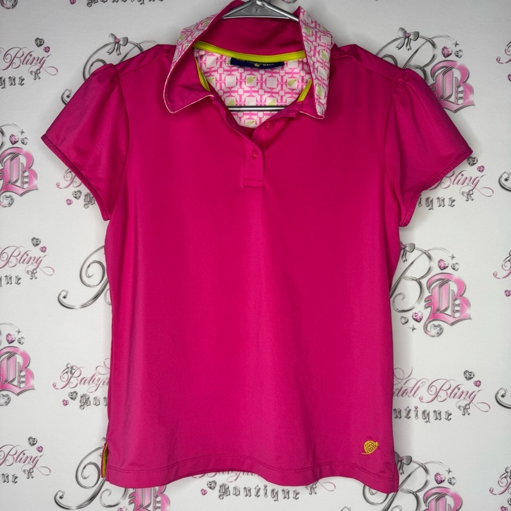 Turtles & tees Pink Polo Shirt Patterned Collar golf pink lime green